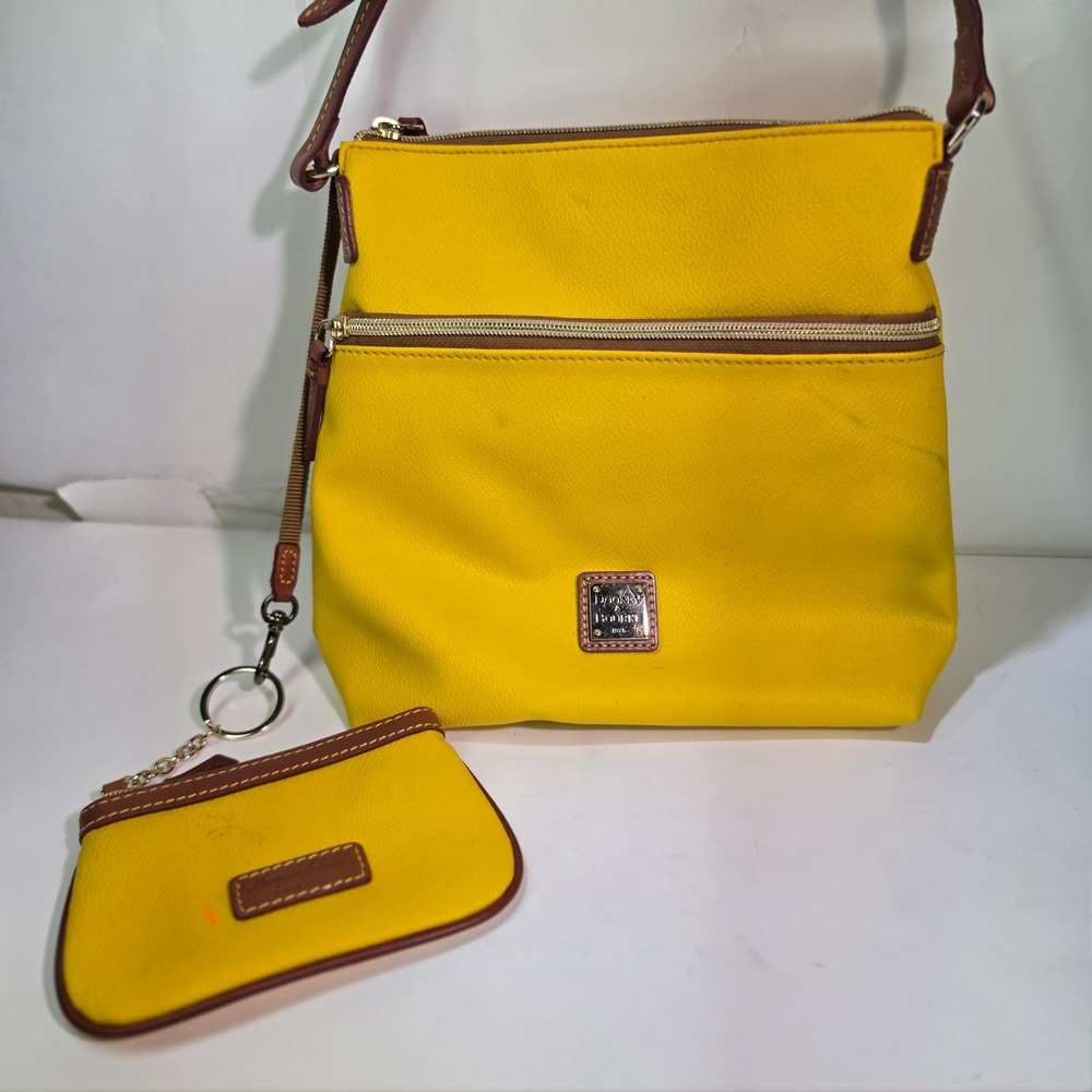 Dooney & Bourke Yellow Pebble Grain Leather Crossbody Bag & Matching Pouch Set